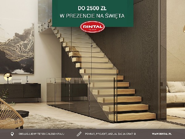 Grudzień to idealny miesiąc, aby obdarować swoich Klientów! To właśnie teraz firma Rintal, wiodący producent schodów do wnętrz, oferuje swoim Klientom wyjątkowy prezent - zniżkę do 2500 zł na zakup schodów. To niepowtarzalna okazja, aby wyposażyć swoje wnętrze w doskonałej jakości schody z długoletnią tradycją i ponadczasowym designem. Przy zakupie modeli w cenie do 25 000 zł Klienci otrzymują rabat 1500 zł, natomiast w przypadku schodów droższych niż 25 000 zł zniżka wynosi aż 2500 zł. Od 01.12 do 31.12.2022 r. możecie Państwo skorzystać oferty przy zakupie schodów wraz poręczami i montażem. Zapraszamy do zapoznania się ze szczegółami promocji. Wszystkie informacje dostępne są na stronie internetowej: www.rintal.pl. Doradcy Rintal są do dyspozycji na terenie całego kraju. Pomiar, projekt oraz fotorealistyczna wizualizacja schodów GRATIS!?www.rintal.ple-mail: k.prabucka@rintal.pltel. Dział Handlowy: +48 585324255