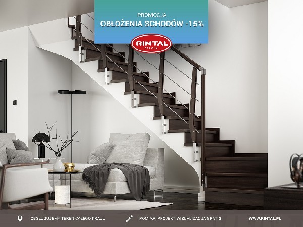 Rintal Polska, wiodący producent SCHODÓW do wnętrz organizuje wyjątkową PROMOCJĘ: OBŁOŻENIA SCHODÓW BETONOWYCH  - Rabat 15%! Czas na wiosenne porządki i zmiany charakteru wnętrza swojego domu! Skorzystaj z bezpłatnego pomiaru, projektu oraz otrzymaj wizualizację schodów w swoim wnętrzu gratis! Szczegóły oraz wzbogacona o nowe modele schodów oferta Rintal dostępna jest na stronie www.rintal.pl. Zapoznaj się z rozbudowaną ofertą schodów i poręczy Rintal!Nasi doradcy są do dyspozycji na terenie całego kraju. Umów się na BEZPŁATNY POMIAR!?www.rintal.ple-mail: k.prabucka@rintal.pltel. Dział Handlowy: +48 585324255