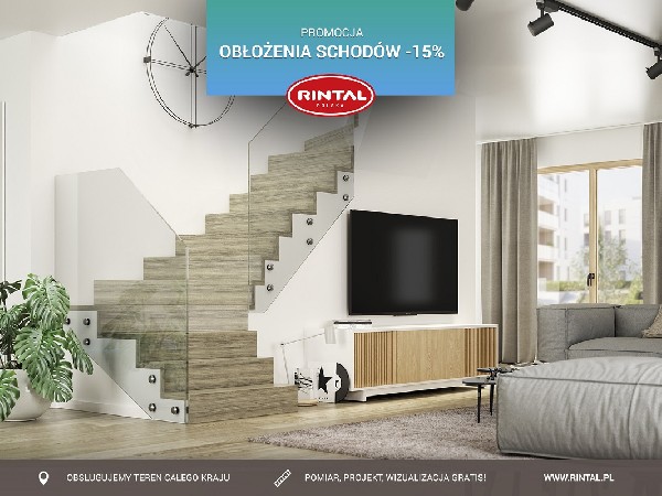 Rintal Polska, wiodący producent SCHODÓW do wnętrz organizuje wyjątkową PROMOCJĘ: OBŁOŻENIA SCHODÓW BETONOWYCH  - Rabat 15%! Czas na wiosenne porządki i zmiany charakteru wnętrza swojego domu! Skorzystaj z bezpłatnego pomiaru, projektu oraz otrzymaj wizualizację schodów w swoim wnętrzu gratis! Szczegóły oraz wzbogacona o nowe modele schodów oferta Rintal dostępna jest na stronie www.rintal.pl. Zapoznaj się z rozbudowaną ofertą schodów i poręczy Rintal!Nasi doradcy są do dyspozycji na terenie całego kraju. Umów się na BEZPŁATNY POMIAR!?www.rintal.ple-mail: k.prabucka@rintal.pltel. Dział Handlowy: +48 585324255