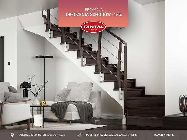 Rintal Polska, wiodący producent SCHODÓW do wnętrz organizuje wyjątkową PROMOCJĘ: OBŁOŻENIA SCHODÓW BETONOWYCH  - Rabat 15%! Czas na zmiany i piękne obłożenia schodów, zwłaszcza jesienią, gdy spędzamy dużo więcej czasu w zaciszu domowym! Skorzystaj z bezpłatnego pomiaru, projektu oraz otrzymaj wizualizację schodów w swoim wnętrzu gratis! Szczegóły oraz wzbogacona o nowe modele schodów oferta Rintal dostępna jest na stronie www.rintal.pl. Zapoznaj się z rozbudowaną ofertą schodów i poręczy Rintal!Nasi doradcy są do dyspozycji na terenie całego kraju. Umów się na BEZPŁATNY POMIAR!?www.rintal.pl e-mail: k.prabucka@rintal.pltel. Dział Handlowy: +48 58 532 42 55