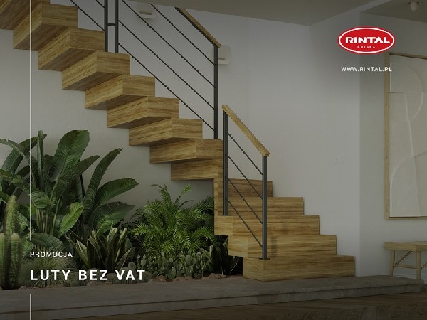 Jeśli planujesz zakup nowych schodów i chcesz, aby nadać swojemu domowi niepowtarzalnego, luksusowego charakteru, to ta oferta jest dla Ciebie: w lutym możesz zainwestować w efektowne schody płacąc mniej. Wszystko dlatego, że tylko obowiązuje wyjątkowa PROMOCJA - LUTY BEZ VAT na wszystkie modele wiodącego producenta schodów. Od 01.02 do 29.02.2024 r. możesz skorzystać ze zniżki w wysokości 8% na zakup schodów wraz z poręczą i montażem. Zapraszamy do zapoznania się ze szczegółami promocji, a także ze wzbogaconą o nowe modele schodów ofertą Rintal. Wszystkie informacje dostępne są na stronie internetowej: www.rintal.pl. Doradcy Rintal są do dyspozycji na terenie całego kraju. ?www.rintal.pl e-mail: k.prabucka@rintal.pltel. Dział Handlowy: +48 58 532 42 55